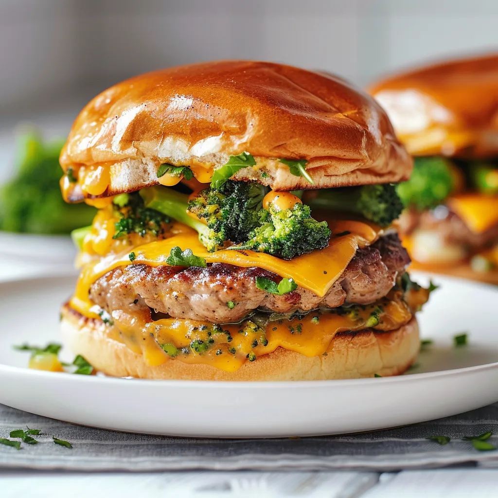 Burgers savoureux au porc, brocoli et fromages filants