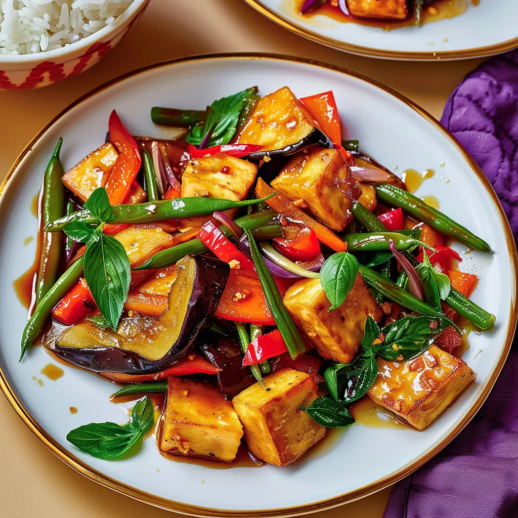 Tofu doré avec aubergines et légumes frais