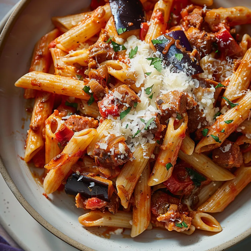 Plat de pâtes aux saucisses et aubergines