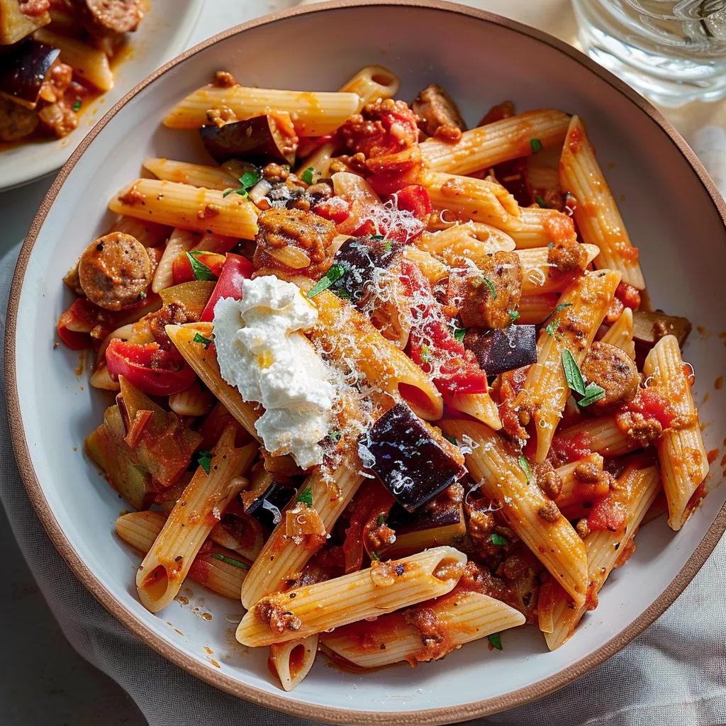 Pennes savoureuses à la saucisse et aubergine