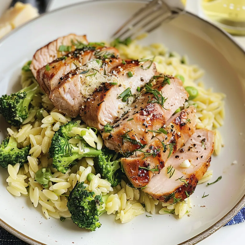 Brocoli, porc épicé avec orzotto
