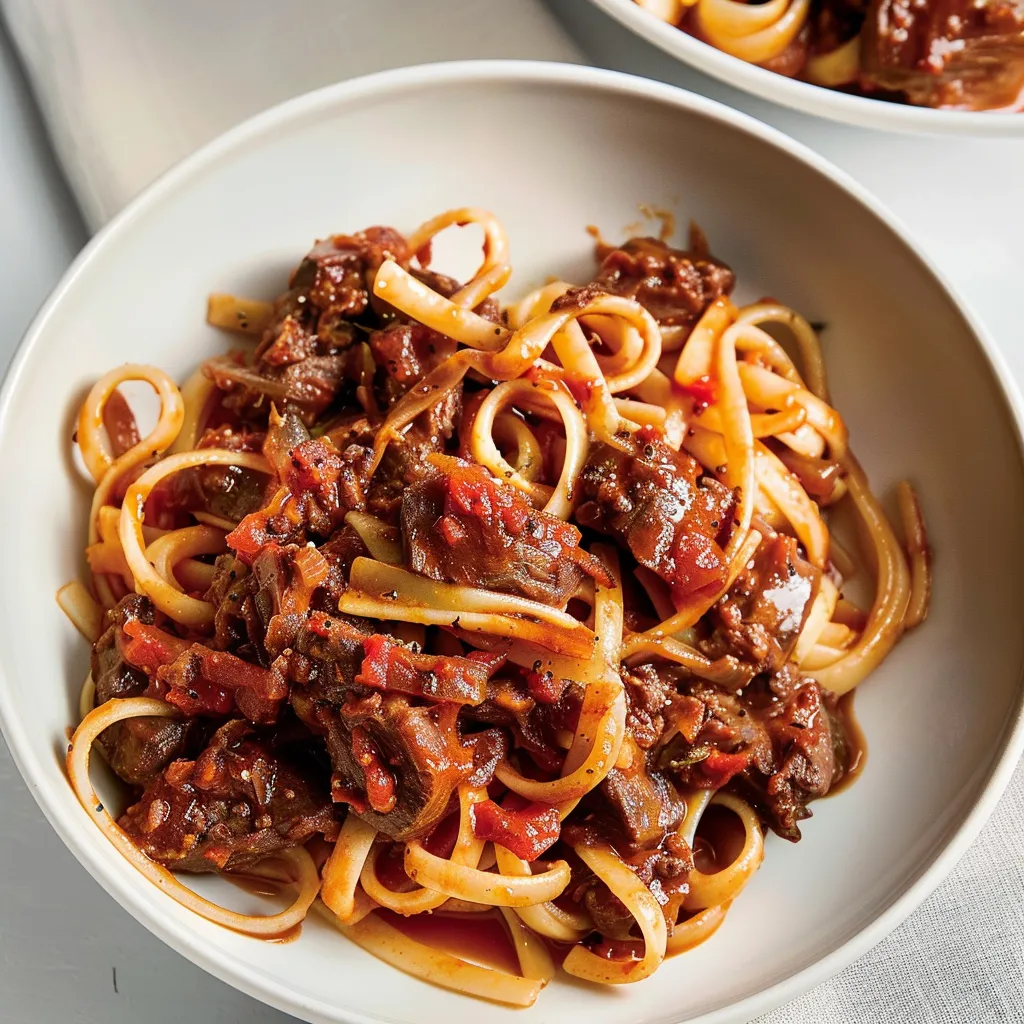 Linguines gourmandes à l’agneau et olives