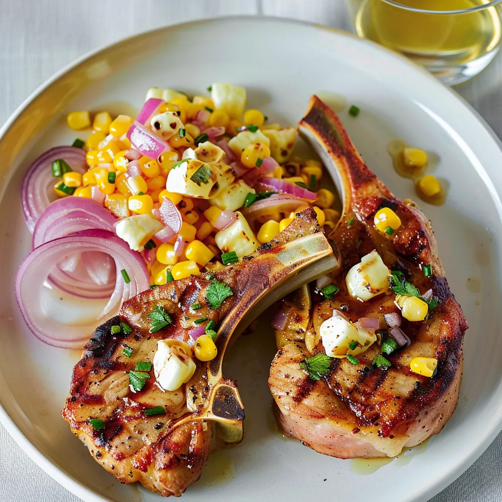 Côtelettes de porc au maïs et oignons marinés