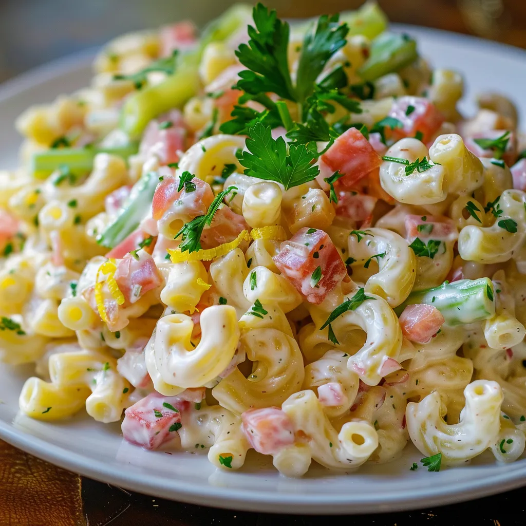 Servez une bonne salade fraîche de macaronis au jambon et moutarde