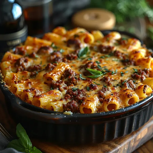 Un délicieux gratin de pâtes au bœuf et fromage fondu dans un plat en bois.