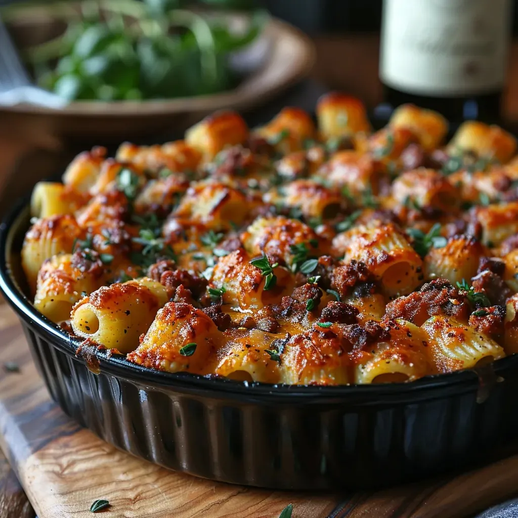 Un gratin de pâtes au bœuf et fromage est posé sur la table.