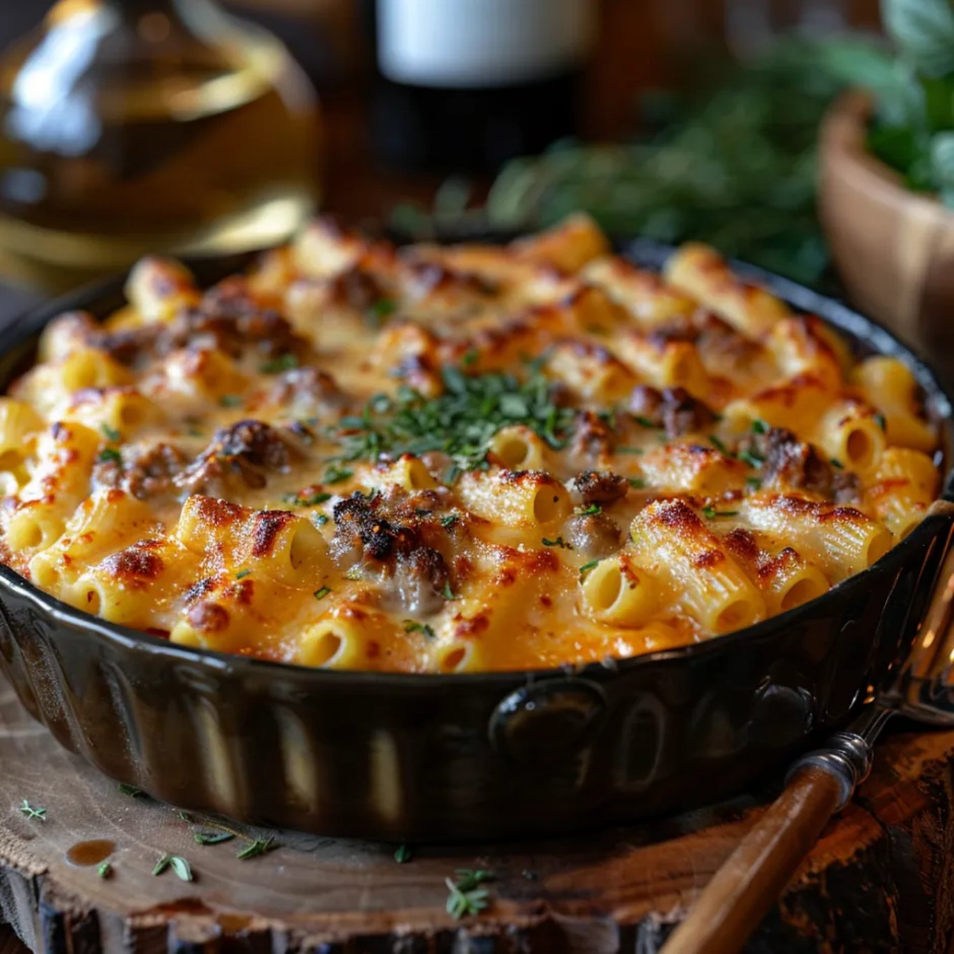 Un gratin de pâtes au bœuf et fromage tout chaud et super gourmand dans un bol en verre.
