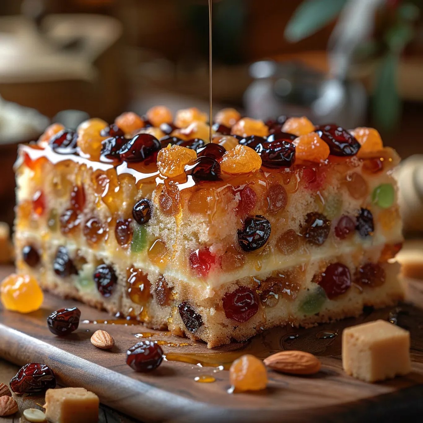 Un délicieux gâteau aux fruits confits inspiré par Pierre Hermé, présenté élégamment.