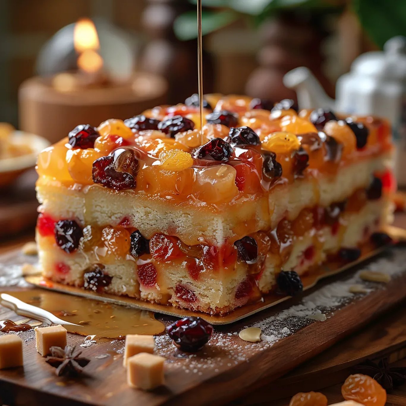 Tarte garnie de fruits et chocolat, nappée de caramel, posée sur un plateau.