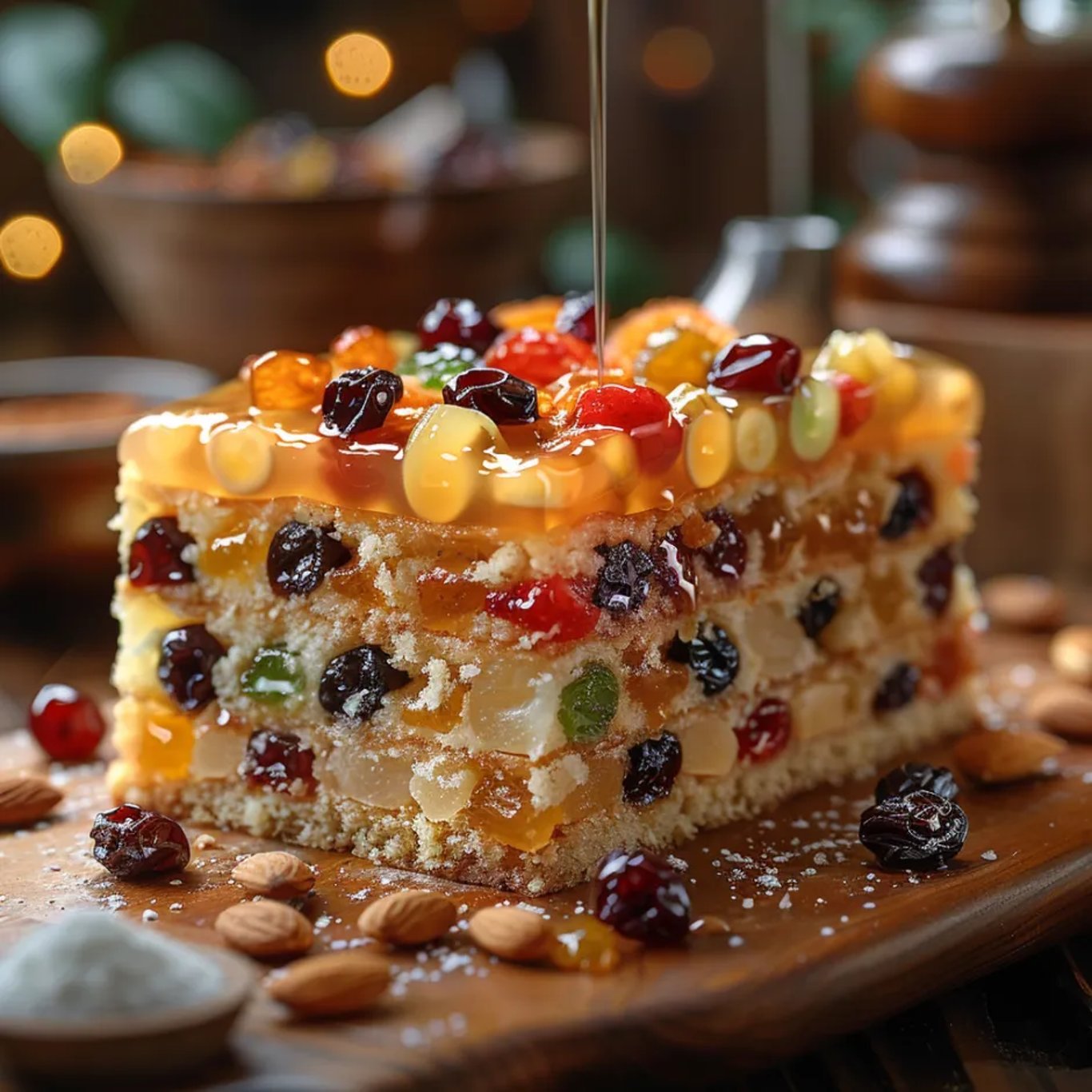 Tarte aux fruits et chocolat, garnie de noix et raisins, sur un plateau bois.