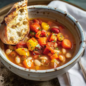 Un bol céramique contenant une soupe de légumes rôtis.