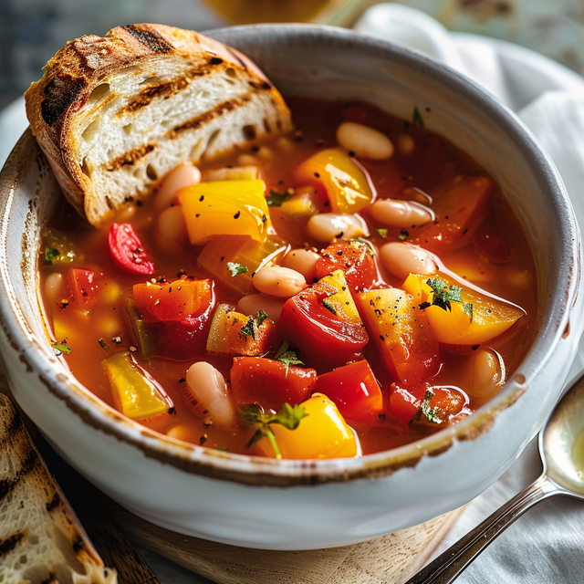 Un bol de soupe fumante avec des légumes et du pain toasté.