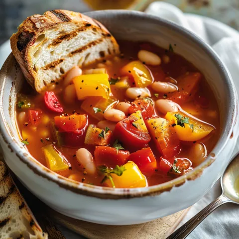Un bol de soupe fumante avec des légumes et du pain toasté.