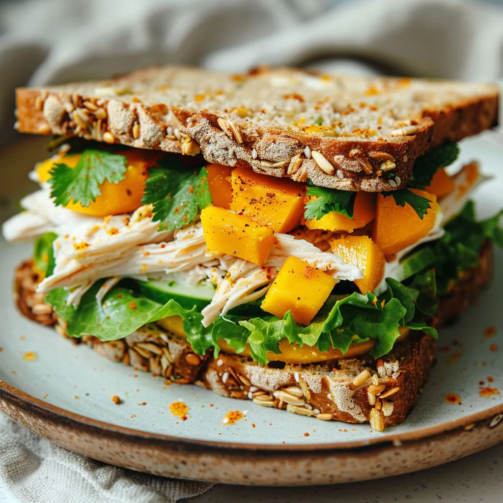 Sandwich garni de poulet, mangue, herbes et graines, présenté sur un plateau.