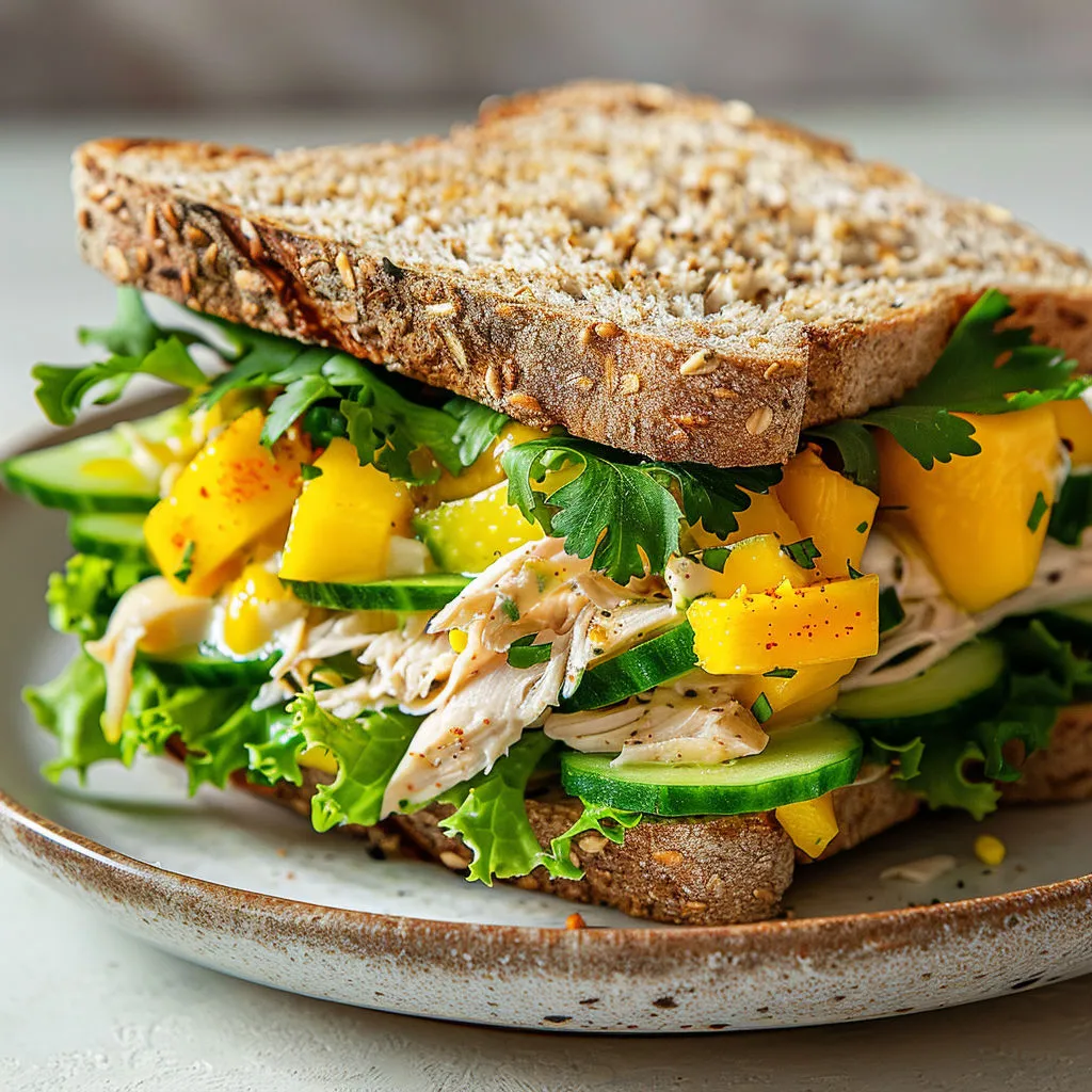 Sandwich poulet-mangue, légumes verts et cacahuètes, prêt à être dévoré.