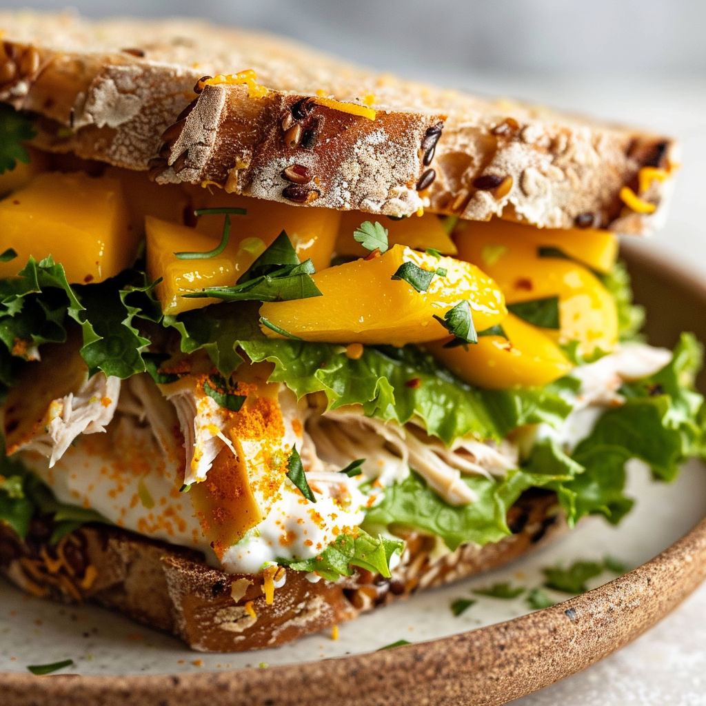 Plateau garni d’un sandwich mangue et poulet.