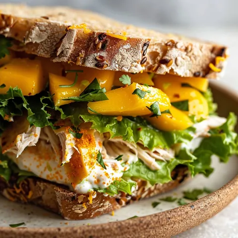 Plateau garni d’un sandwich mangue et poulet.