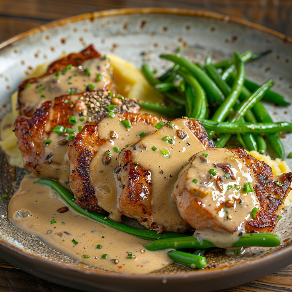 Plat de porc tendre nappé de sauce crème et moutarde à l'ancienne.