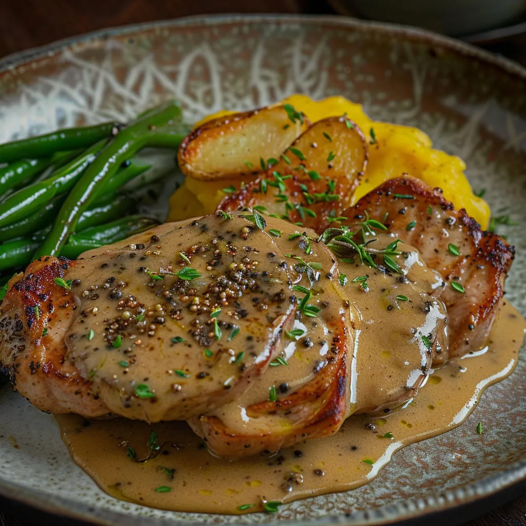 Assiette de porc doré et sauce onctueuse à la moutarde.