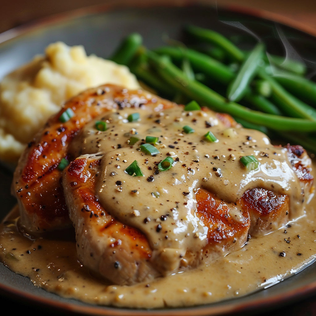 Photo de viande à la crème et moutarde sur un joli plateau.