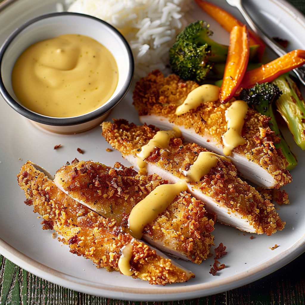 Filets croustillants de dinde avec sauce miel et moutarde, accompagnés de légumes et yaourt.