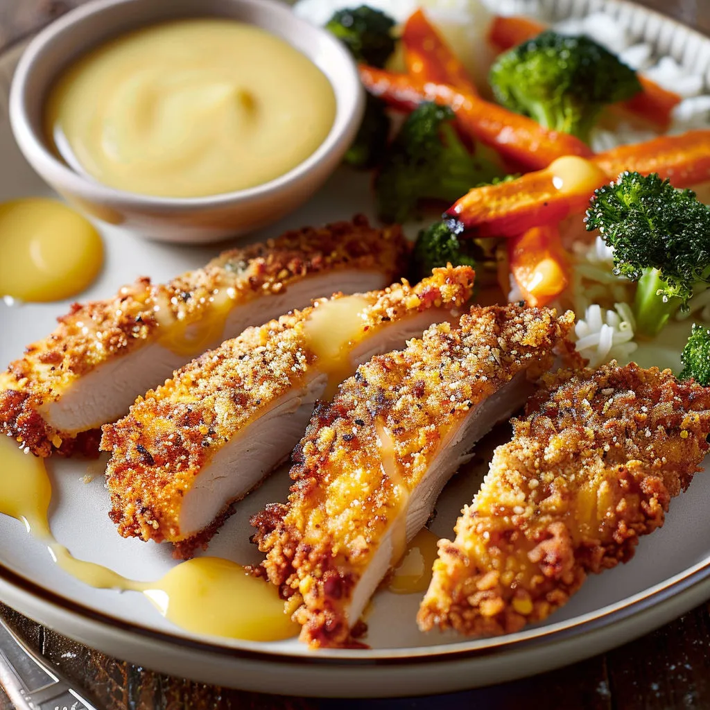 Une assiette de filets de dinde panés au panko, servis avec une sauce miel moutarde bien crémeuse.