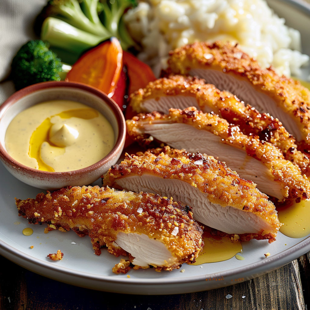 Filets de dinde panés dorés, sauce douce piquante, légumes et tranches de citron.