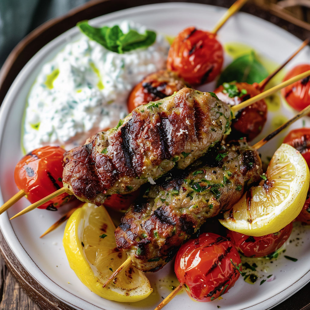 Des brochettes d’agneau tendres servies avec légumes et sauce crémeuse.