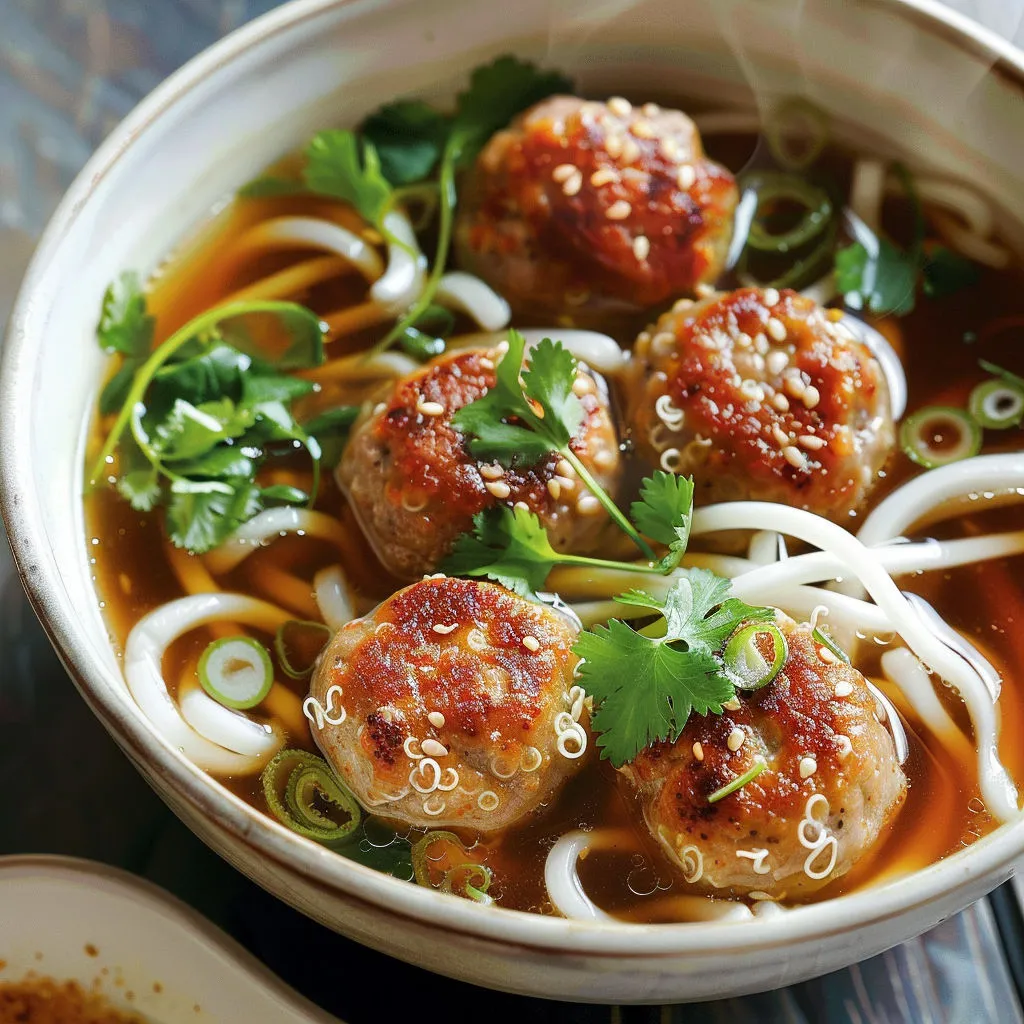 Bol asiatique de nouilles avec boulettes et légumes verts.