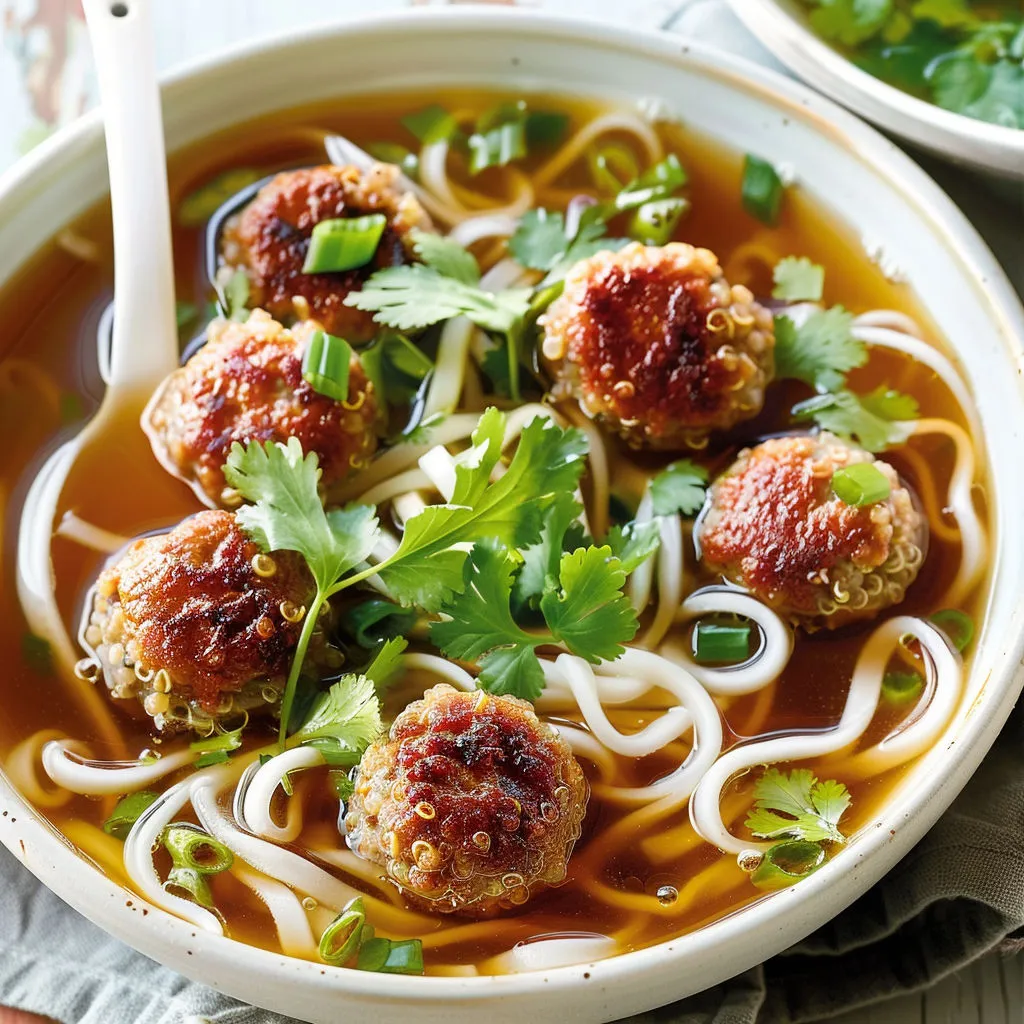 Bol chaud de soupe aux boulettes et herbes fraîches.