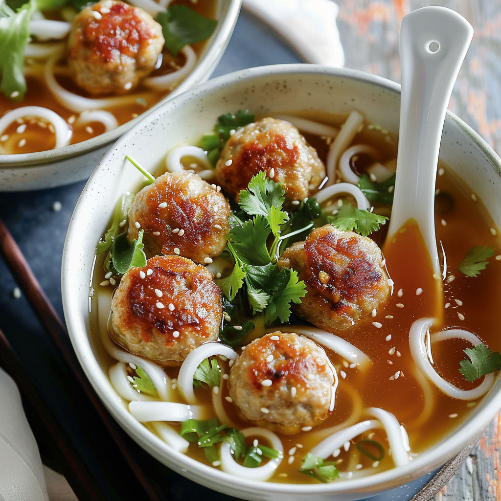 Bol de nouilles udon avec boulettes caramélisées et herbes fraîches.