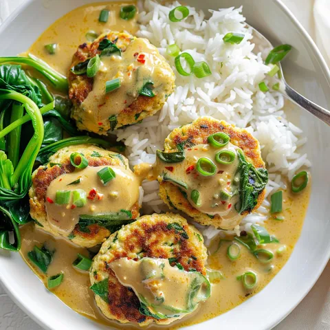 Des galettes croustillantes de tofu et de dinde avec une sauce au lait de coco, servies avec des légumes verts.