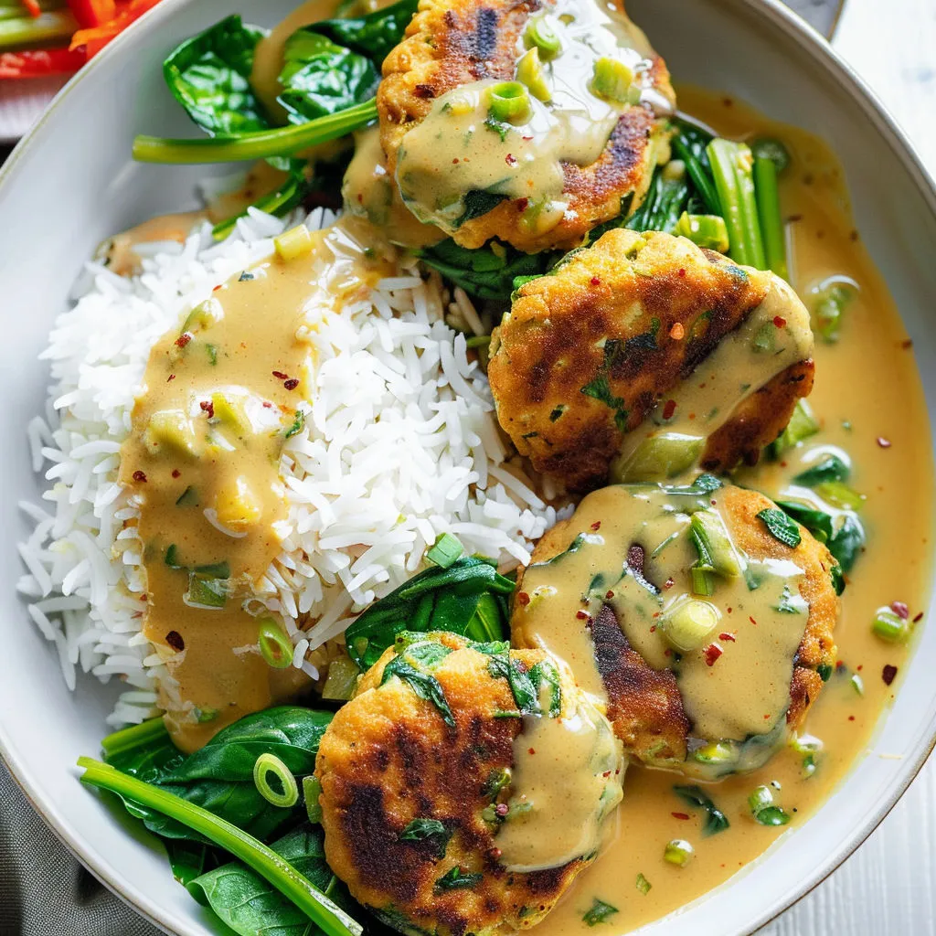 Assiette avec galettes tofu-dinde nappées de sauce coco-cari aux parfums d’ailleurs.