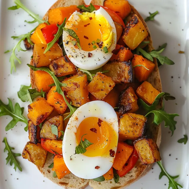 Une baguette garnie de légumes rôtis et œufs moelleux, accompagnée de roquette croquante, présentée sur un plat.
