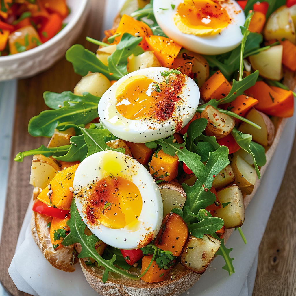 Un sandwich ultra coloré avec légumes rôtis, roquette croquante et œufs moelleux coupés en deux.