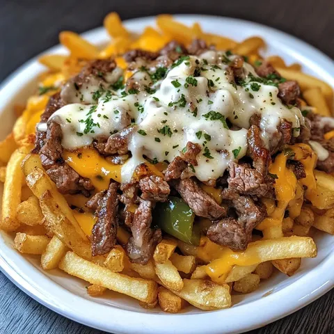 Des frites, du steak et du fromage fondant dans un style Philadelphie, décorés d'herbes fraîches sur un plat blanc.