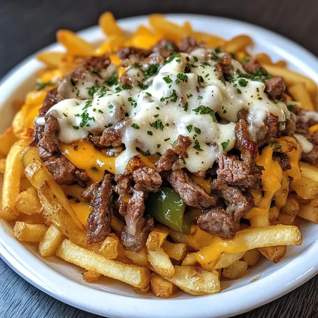 Des frites, du steak et du fromage fondant dans un style Philadelphie, décorés d'herbes fraîches sur un plat blanc.