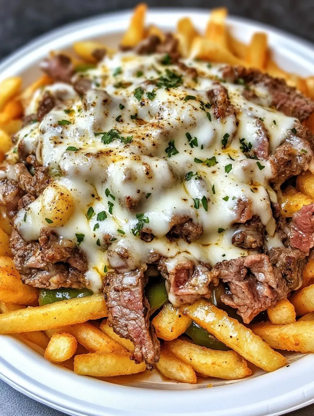 Une grande poêlée frite gaufre, steak émincé et fromage fondu ultra gourmand.