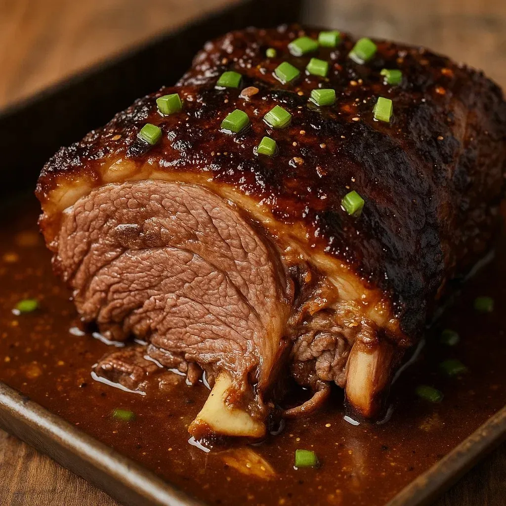 Un plat en métal avec une épaule d’agneau dorée au miel, garnie de persil.
