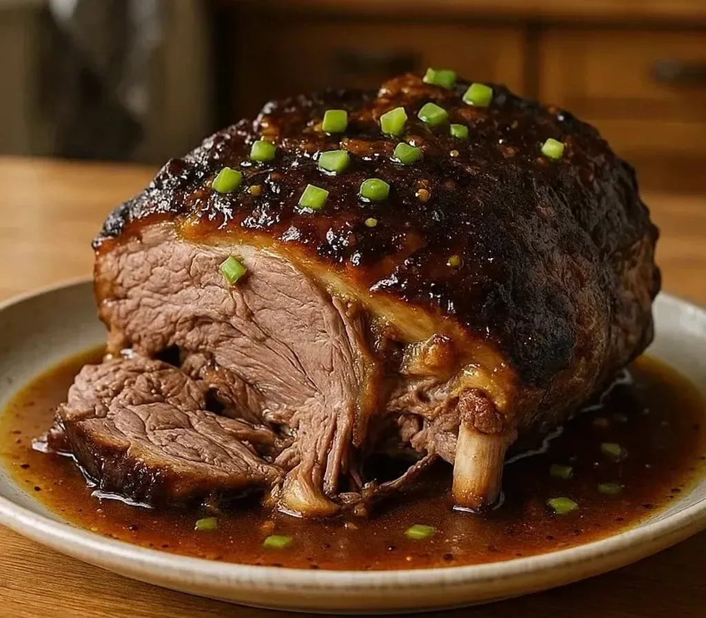Une belle pièce de viande dorée et parfumée sur une planche avec des herbes fraîches.