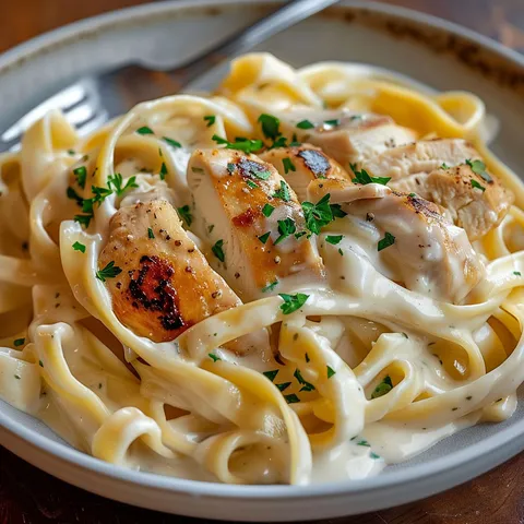 Assiette de pâtes crémeuses au poulet et fromage ail-herbes.