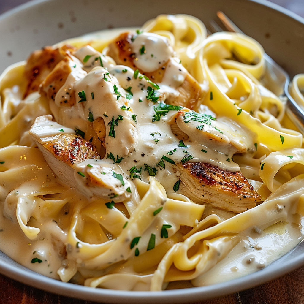 Des tagliatelles toutes crémeuses avec du poulet et du fromage aux fines herbes, un classique cocooning.