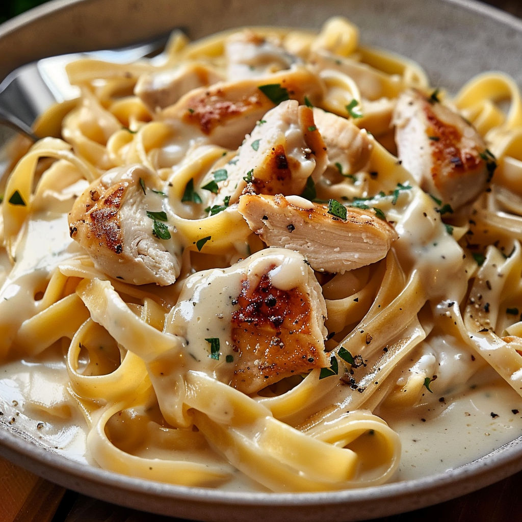 Une belle assiette de pâtes moelleuses poulet-fines herbes, parfait pour un dîner sans prise de tête.
