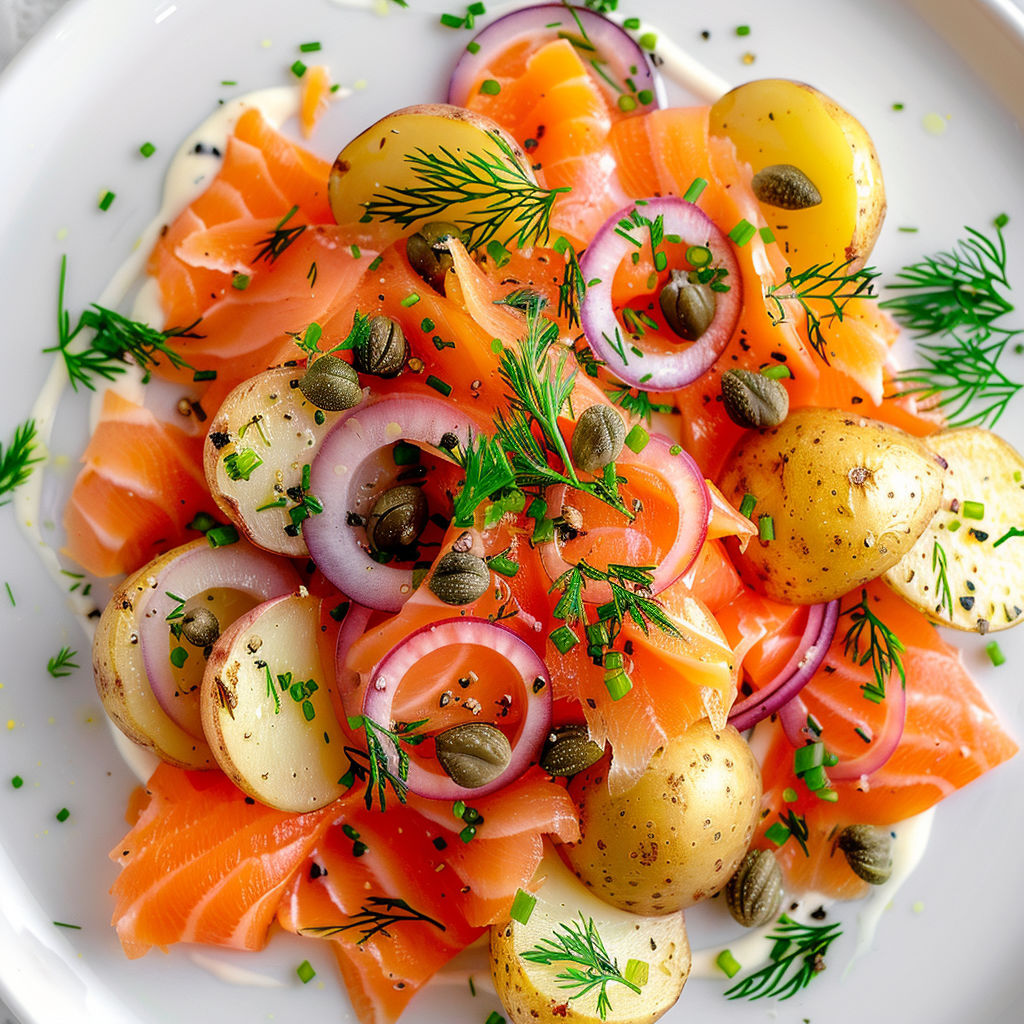 Salade nordique d'été combinant saumon fumé, pommes de terre, câpres, herbes fraîches et sauce citronnée.