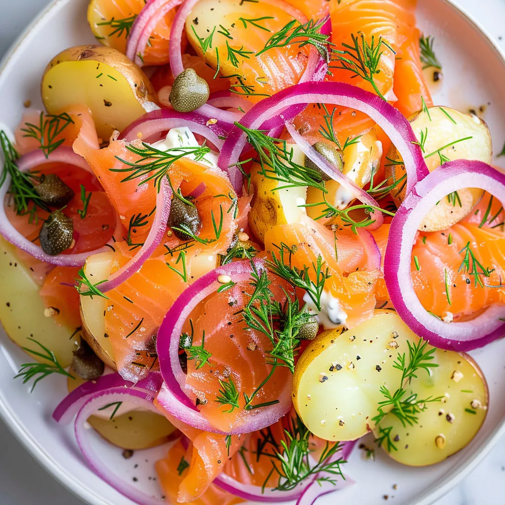 Un grand bol rempli d’une salade aux pommes de terre, saumon fumé et aneth bien frais.