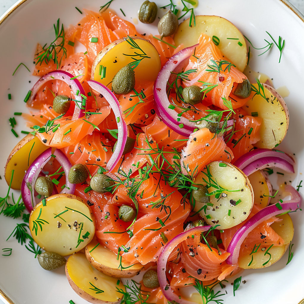 Sur un plateau argenté, une salade nordique d’été avec saumon, pommes de terre et feuilles d’épinards.