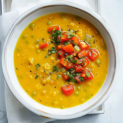 Un bol de velouté aux pois jaunes garni de tomates et persil.