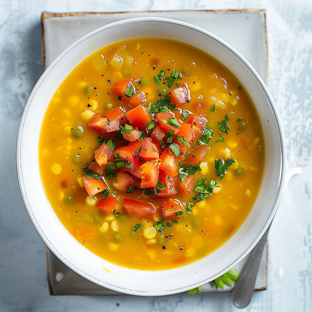 Un bol de velouté rustique aux pois cassés et tomates fraîches, super doux et qui a du caractère.