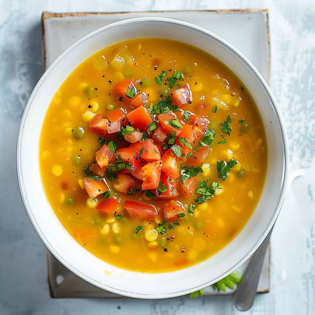 Un bol de velouté rustique aux pois cassés et tomates fraîches, super doux et qui a du caractère.