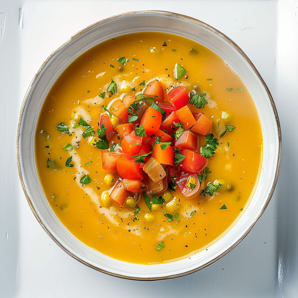 Un bol lumineux de velouté aux pois jaunes, tomates, herbes fraîches et citron.